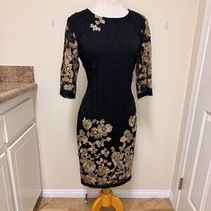 Olivia Matthews Black and Gold Floral Lace Cocktail Dress New with Tags